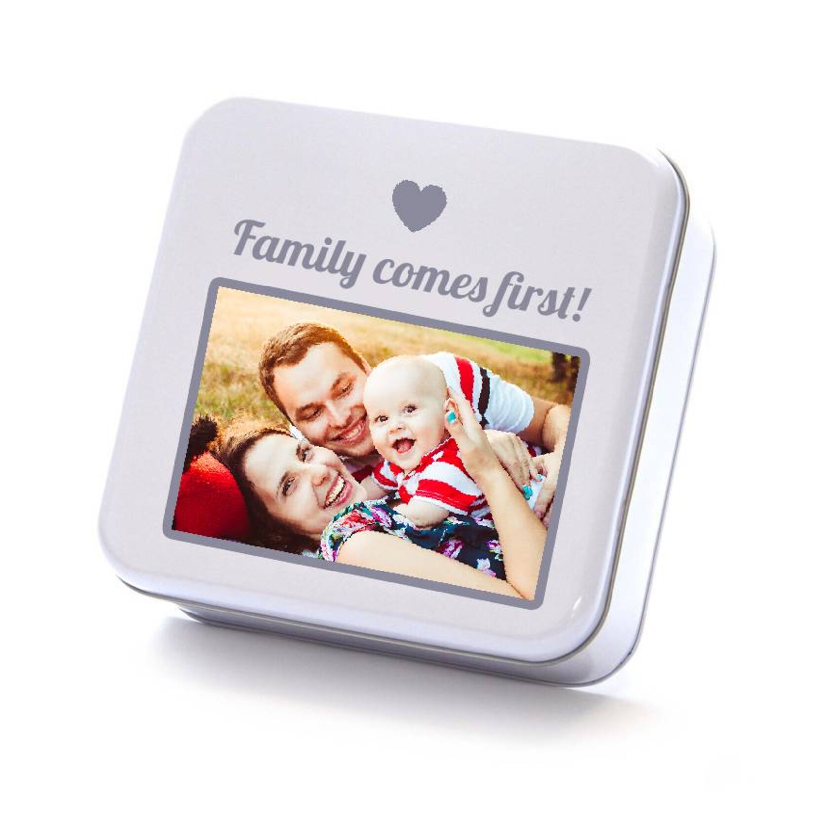 Koekblik met foto en tekst