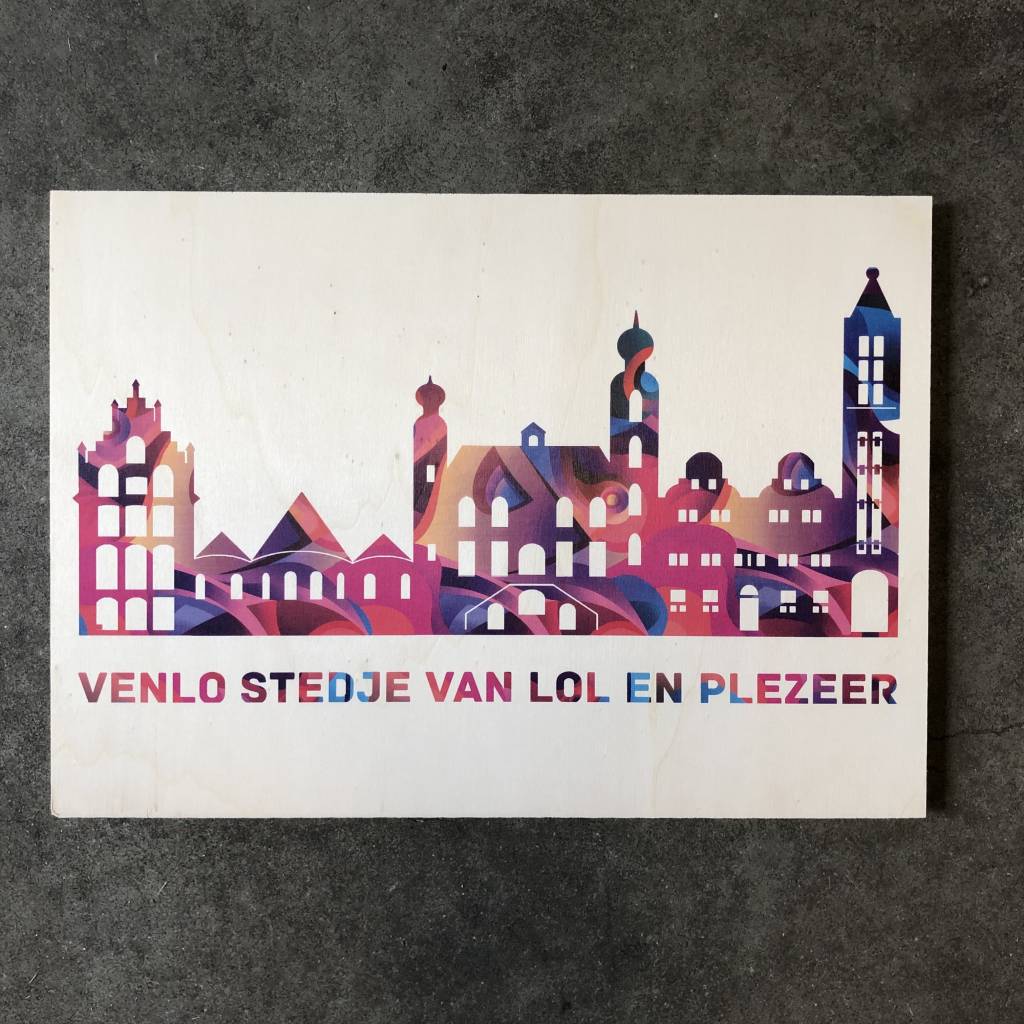 Skyline Venlo gekleurd op hout Traktatiecorner.nl