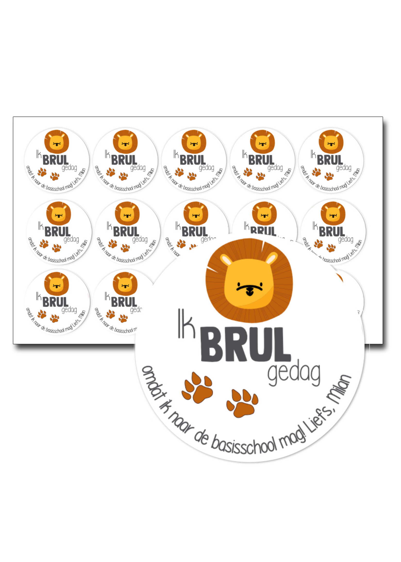 Traktatie stickers ik brul gedag - 15 stuks per vel