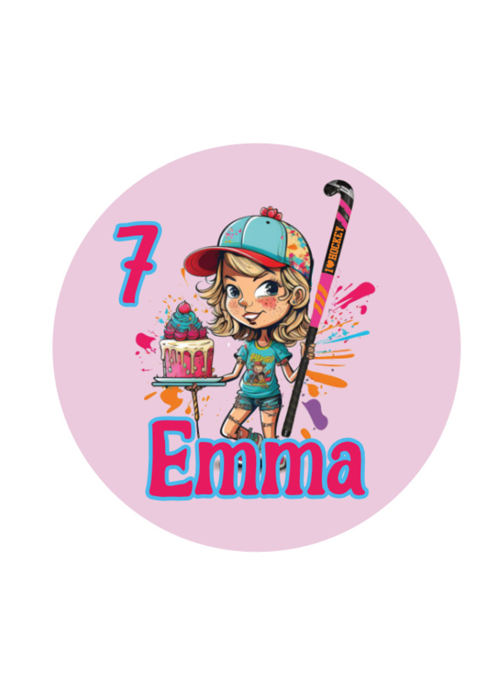 Traktatie stickers hockey meisje met naam en leeftijd - 15 stuks per vel