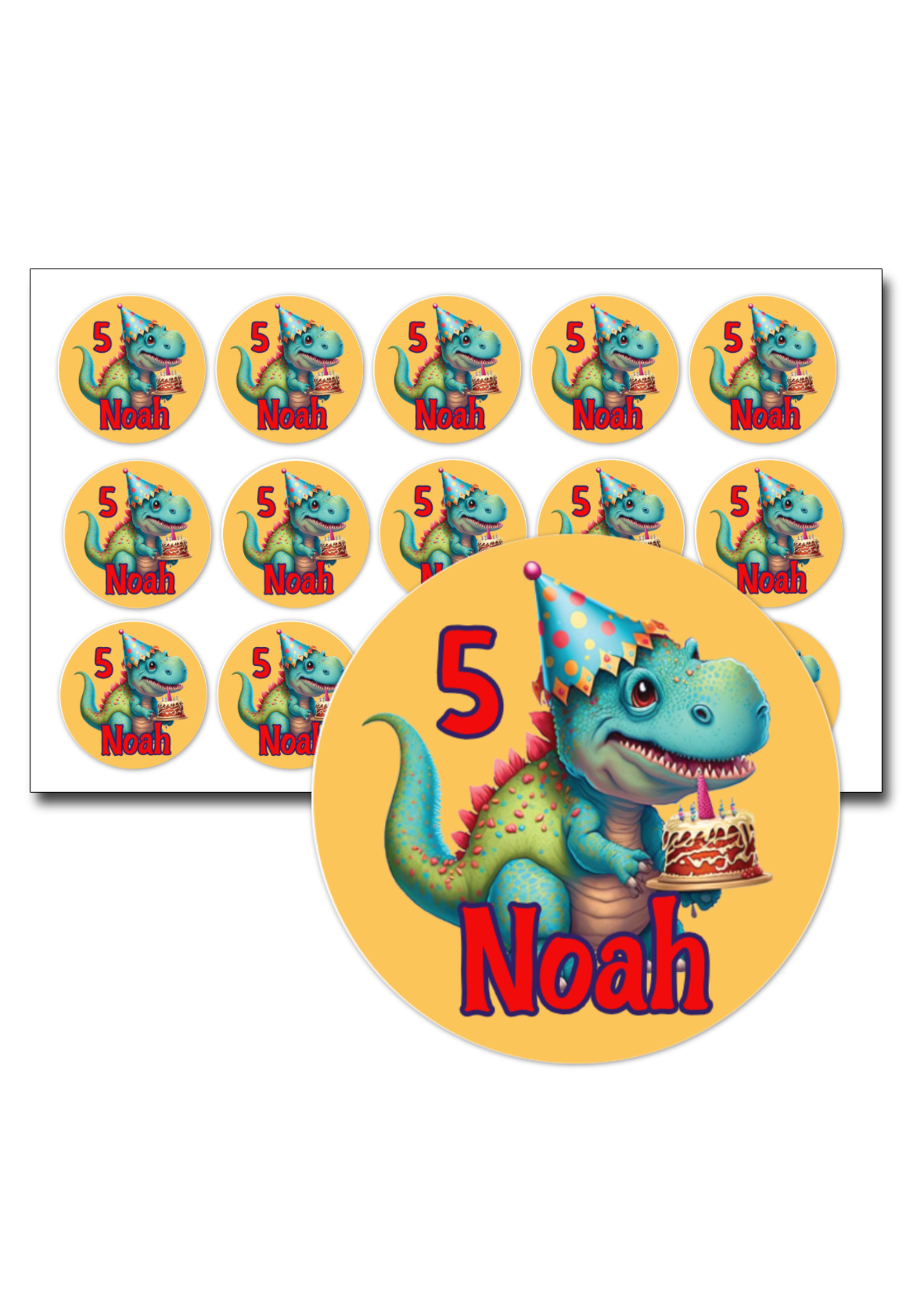 Traktatie stickers dino met taart met naam en leeftijd - 15 stuks per vel