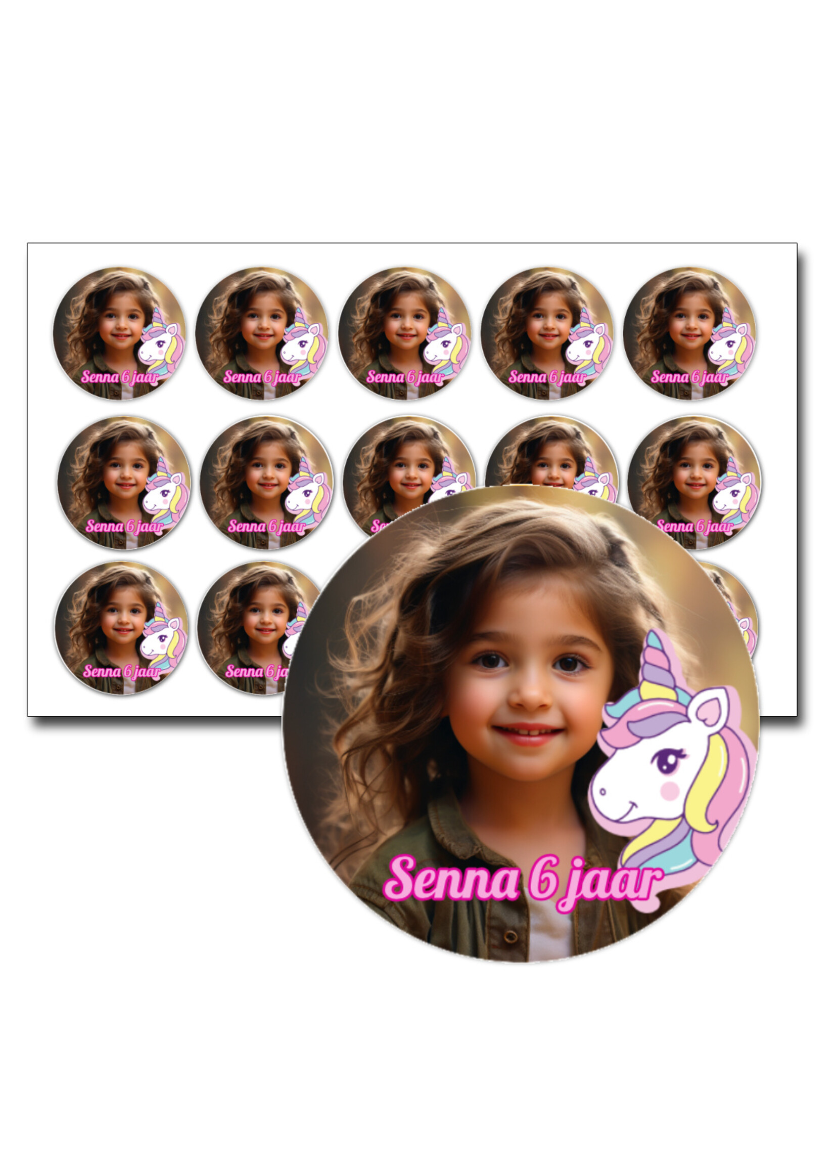 Traktatie stickers foto en unicorn - 15 stuks per vel