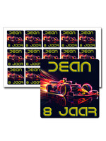 Traktatie stickers Formule 1 neon met naam - 15 stuks per vel