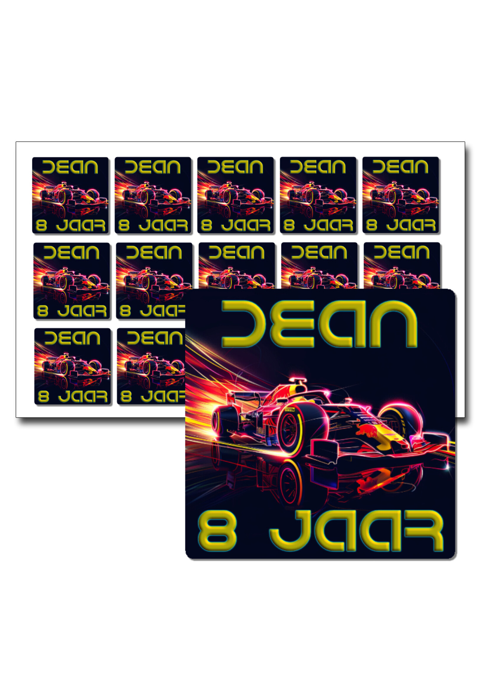 Traktatie stickers Formule 1 neon met naam - 15 stuks per vel