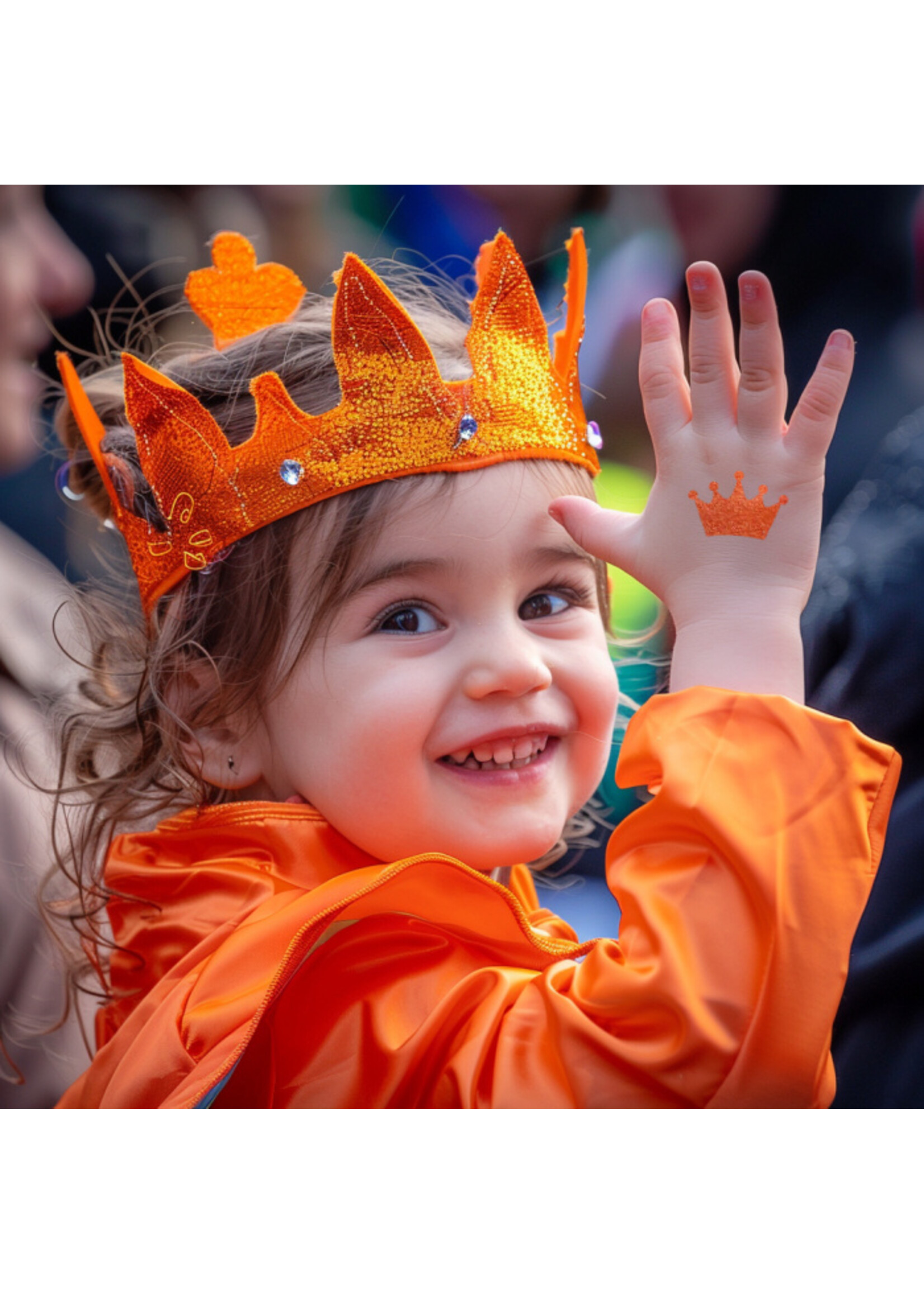 Glittertattoo set - Koningsdag met 10 sjablonen, huidlijm, opzetkaartje en oranje glitters