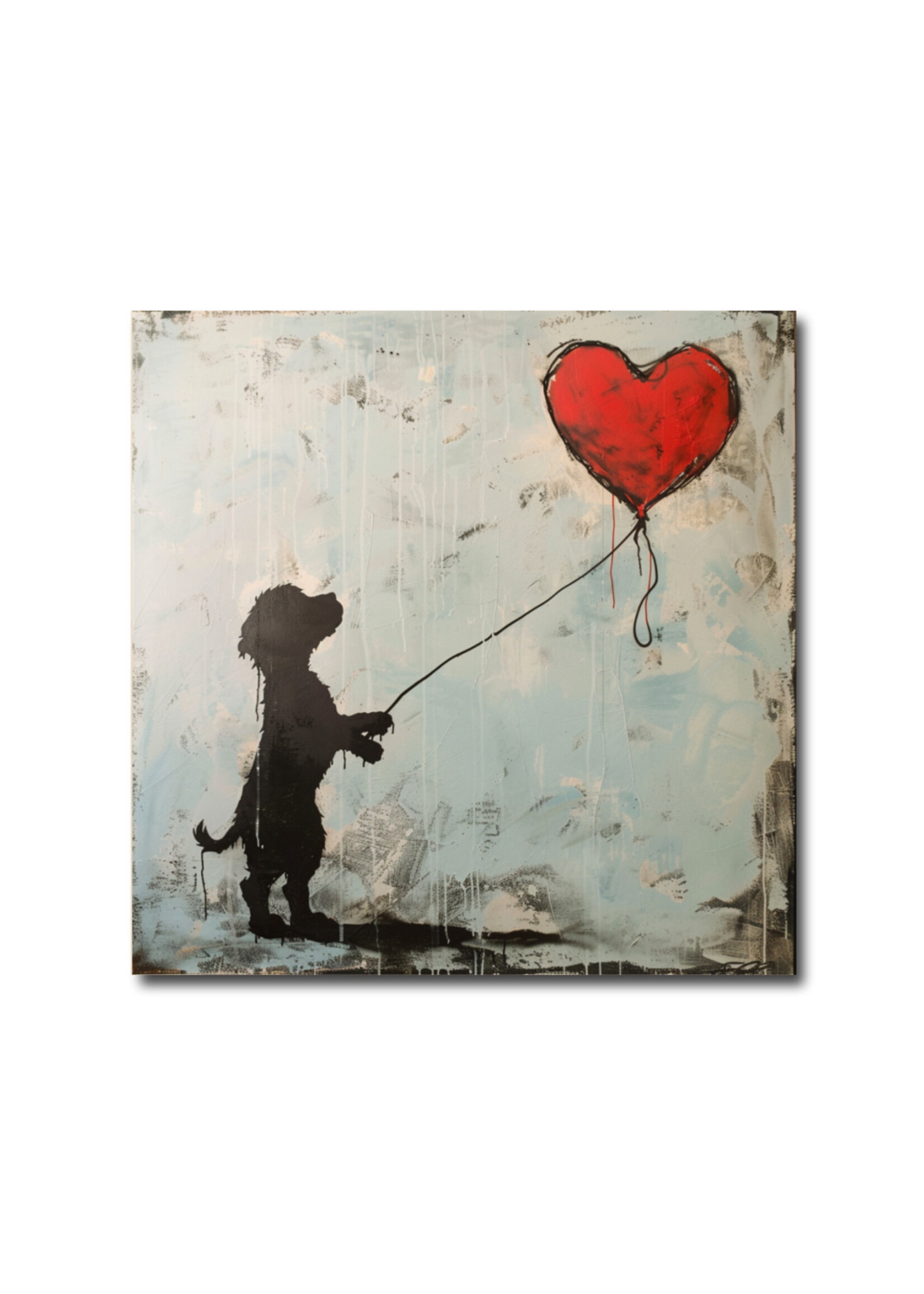 Banksy stijl hond met ballon op hout