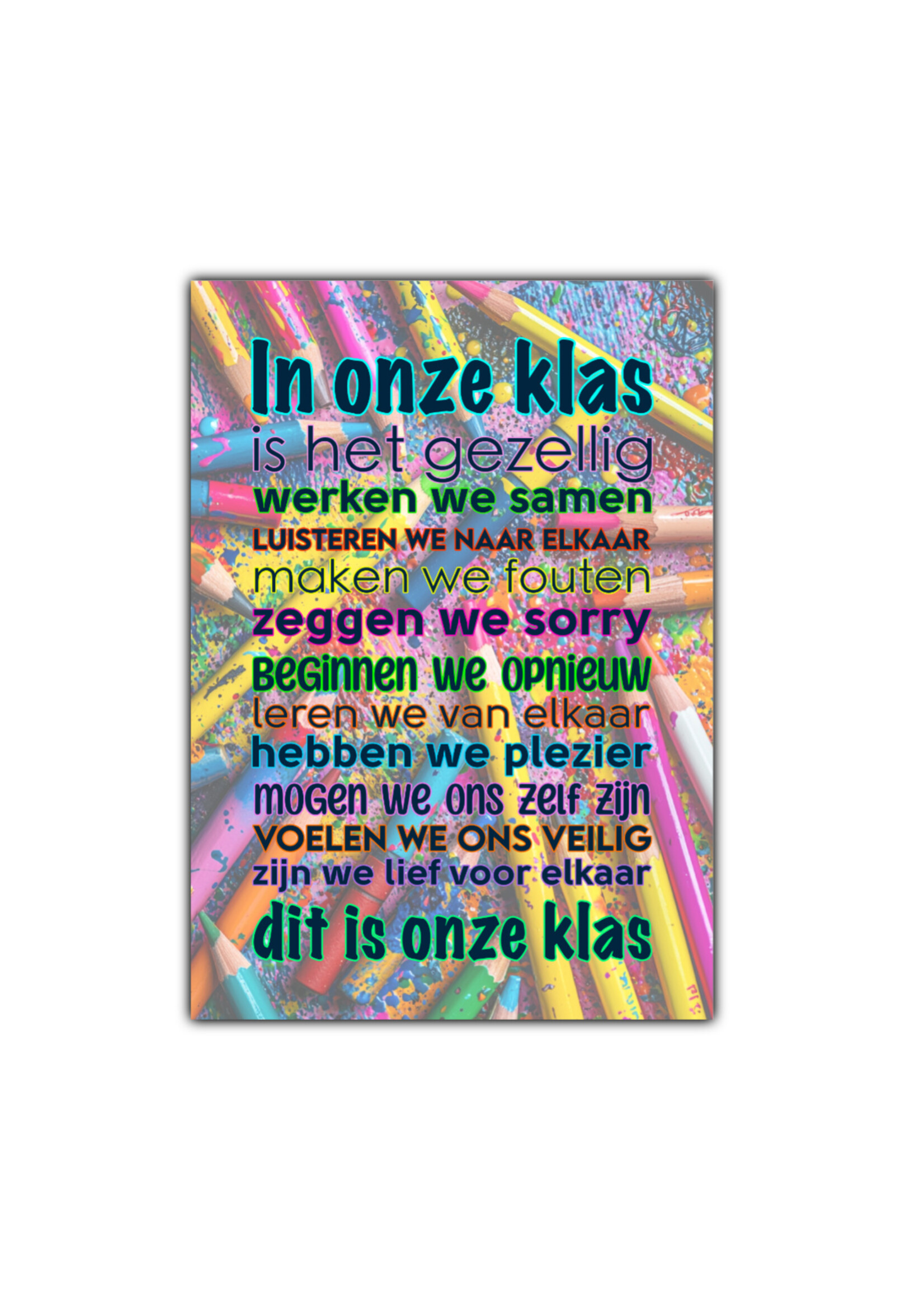 Glashelder plexiglas tekstbord ‘In onze klas’ – kleurrijk bedrukte decoratie als cadeautje voor juf of meester
