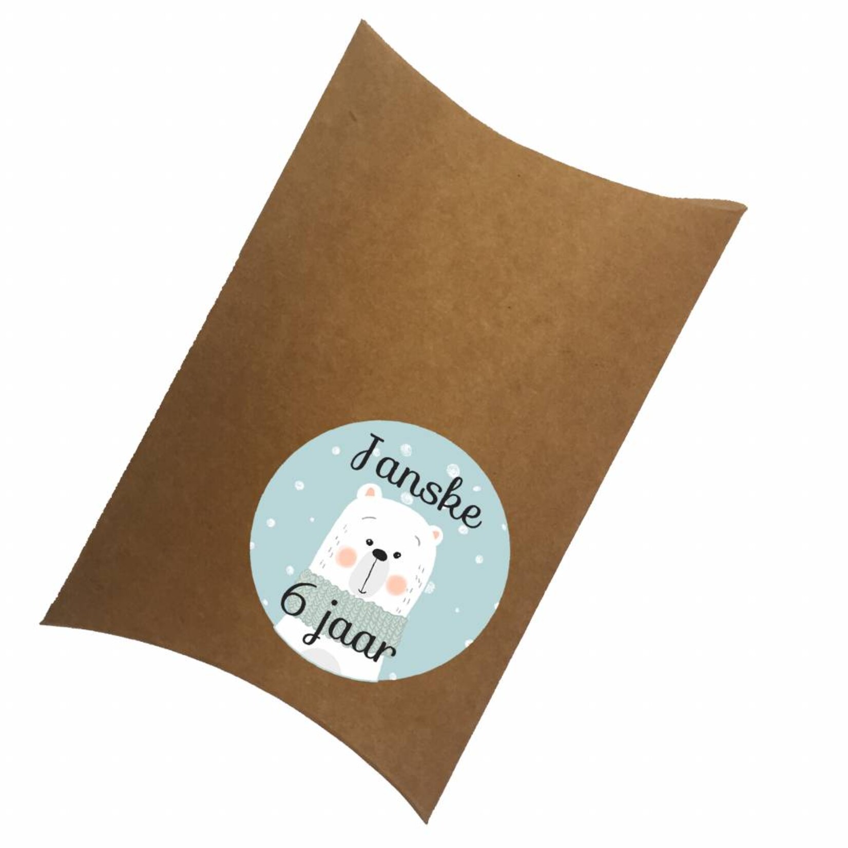 Traktatiedoosje (pillowbox) ijsbeer met naam en leeftijd