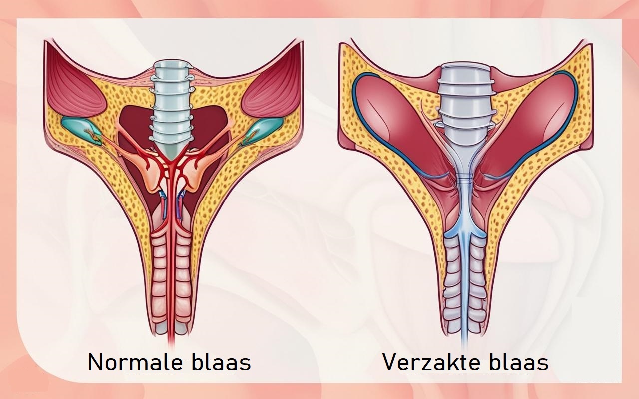 Medische illustratie van een normale blaas en een verzakte blaas ter vergelijking