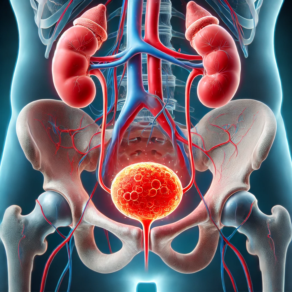 Illustratie van een blaasontsteking met ontstekingsgebied