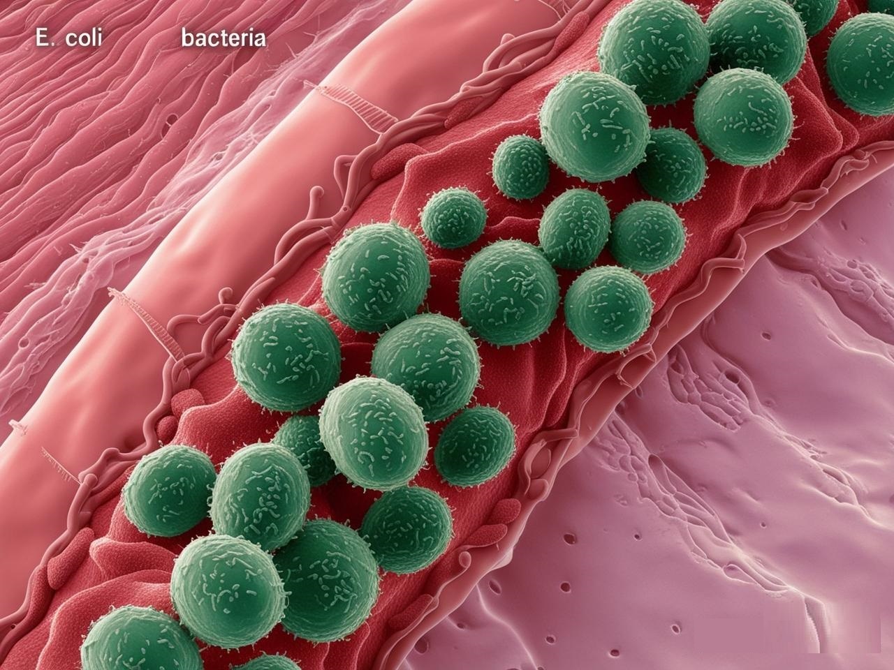 Microscopische afbeelding van E. coli-bacteriën die zich aan de blaaswand hechten en een blaasontsteking veroorzaken