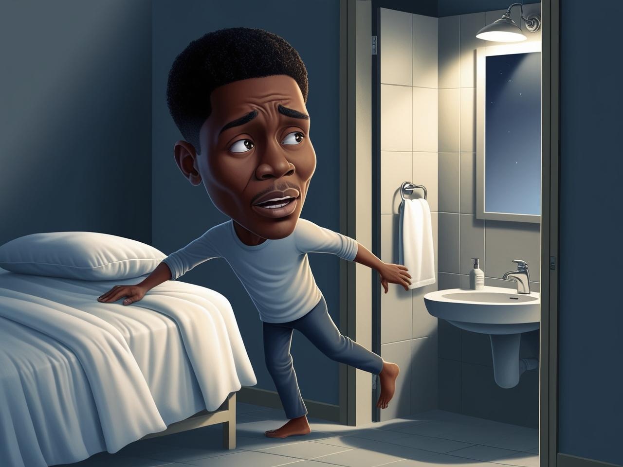 Persoon die ‘s nachts wakker wordt door een volle blaas en naar het toilet gaat, wat de slaapcyclus onderbreekt