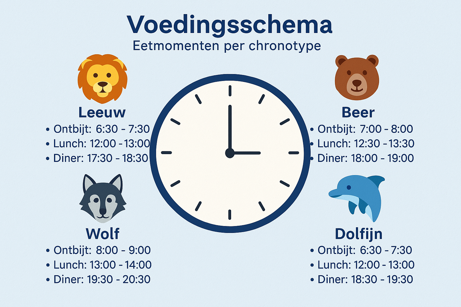 Overzicht van aanbevolen eettijden per chronotype