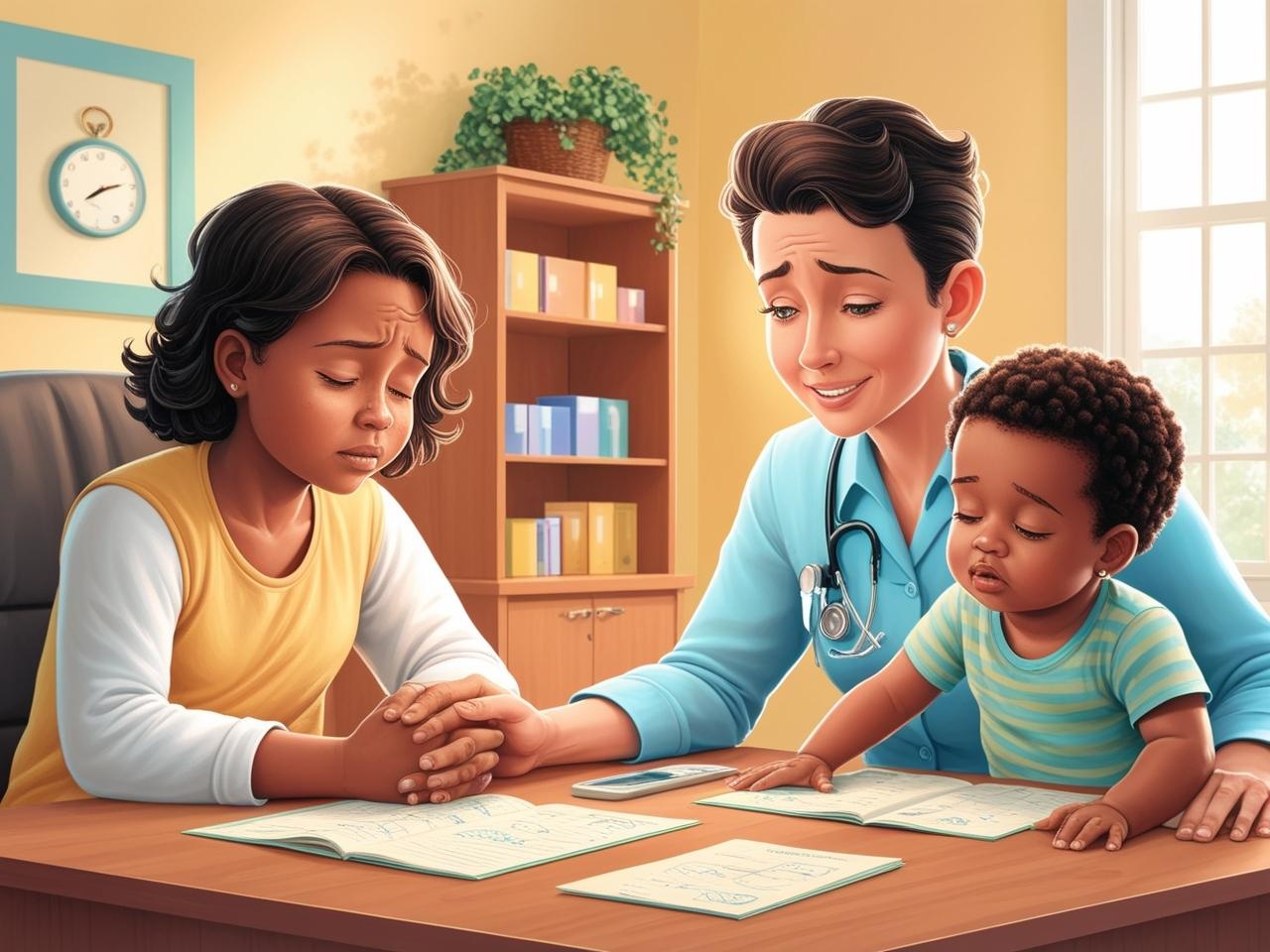 Vermoeide ouder en peuter bij een kinderarts of slaapcoach voor advies over slaapproblemen