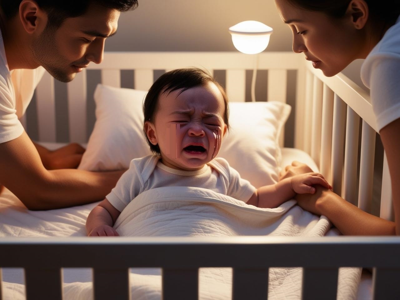 Peuter die 's nachts huilt in bed terwijl ouders hem troosten