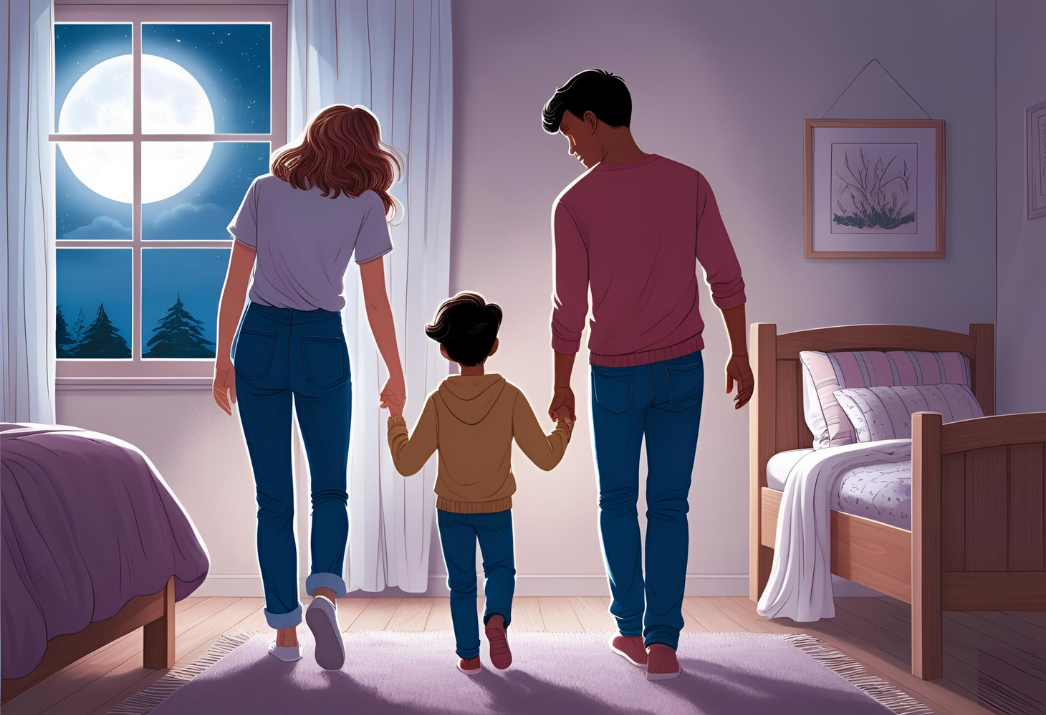 Een ouder of partner begeleidt een slaapwandelaar terug naar bed