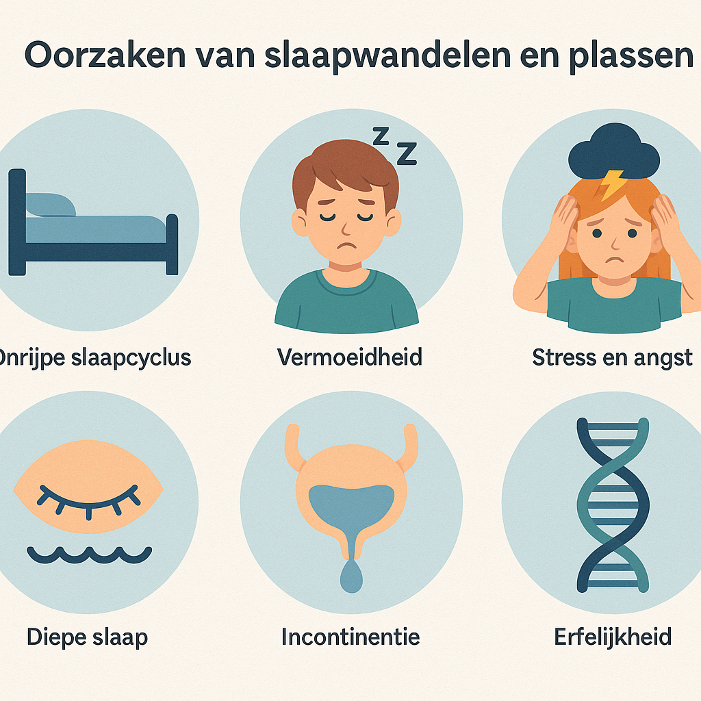 Pictogrammen die de oorzaken van slaapwandelen en plassen weergeven