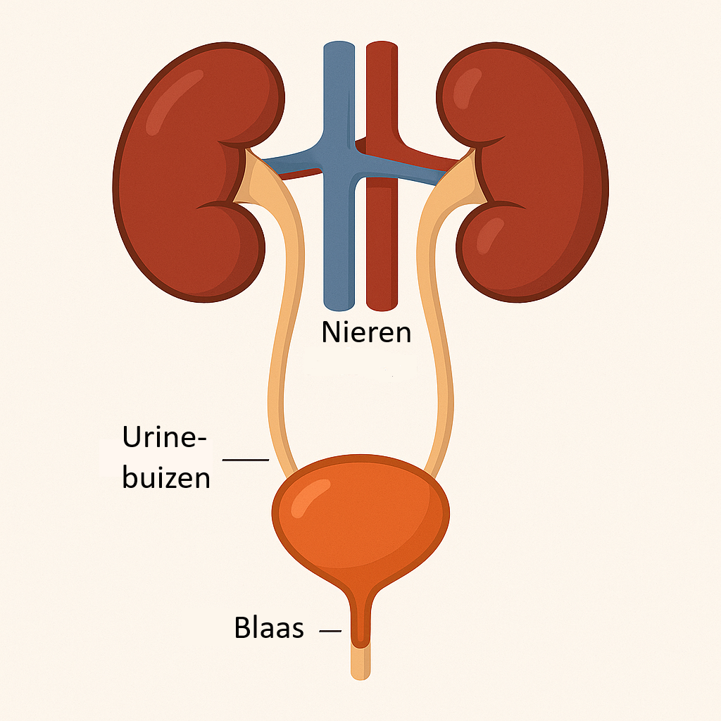 Diagram van urinevorming in de nieren en transport naar de blaas