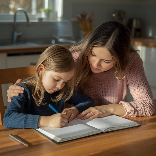 Ouder helpt kind met invullen van plasdagboek voor plaspoli