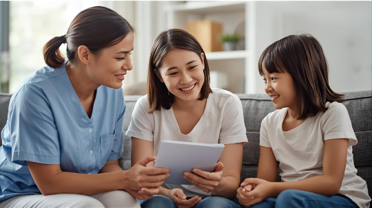 Urotherapeut geeft uitleg aan ouder en kind over plasproblemen