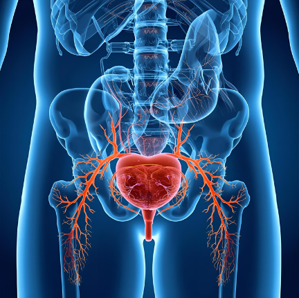 Anatomische illustratie van blaas met prostaatvergroting en zenuwbanen