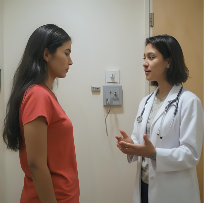 Vrouw bespreekt dagelijks leven met arts na diagnose urineretentie