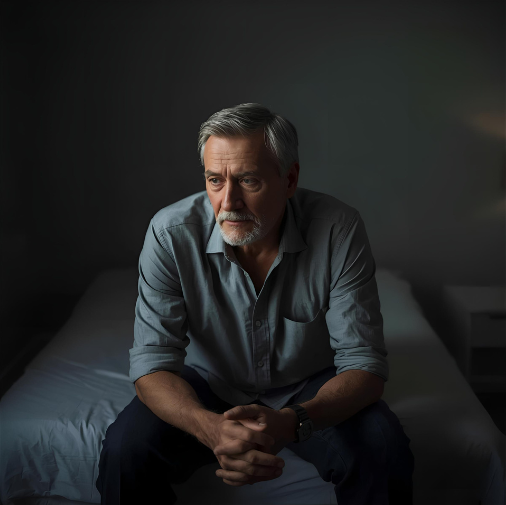 Oudere persoon zit op bed met aandrang om te plassen