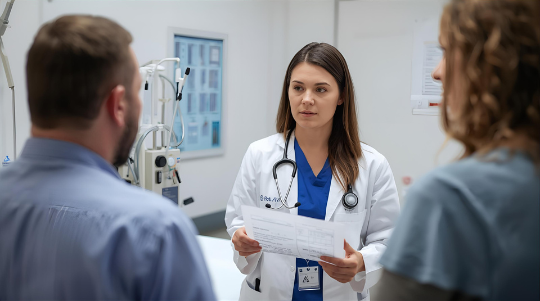 Zorgverlener bespreekt blaasdagboek met patiënt aan bureau