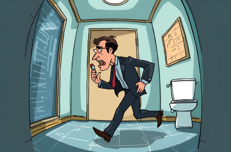 Man loopt op kantoor richting toilet door aandrang