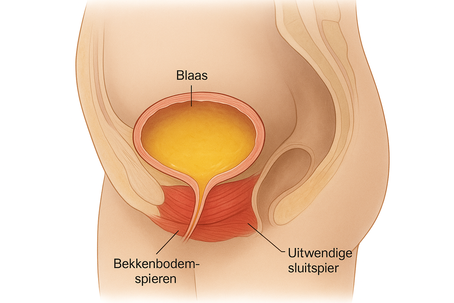 Illustratie van blaas, bekkenbodemspieren en sluitspier bij plas ophouden