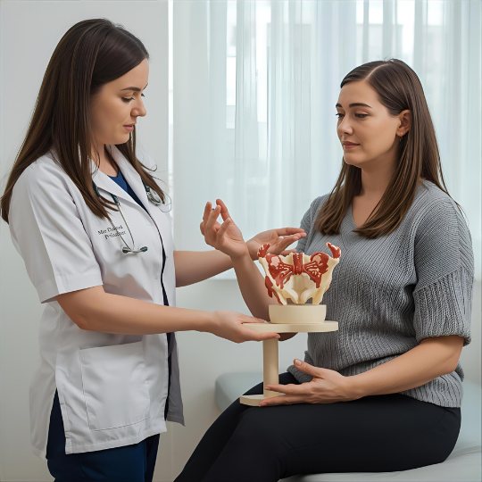 Bekkenfysiotherapeut legt bekkenbodemspieren uit met model