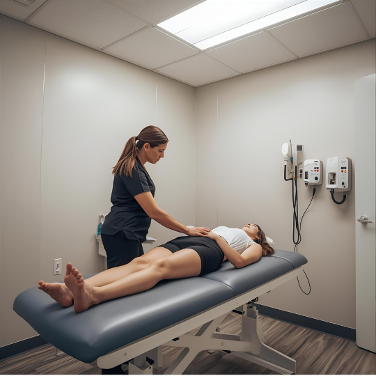 Bekkenfysiotherapeut voert lichamelijk onderzoek uit bij patiënt