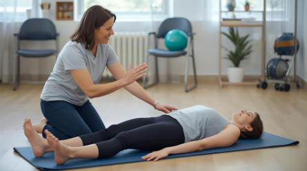 Vrouw herstelt na bevalling met bekkenfysiotherapie-oefeningen