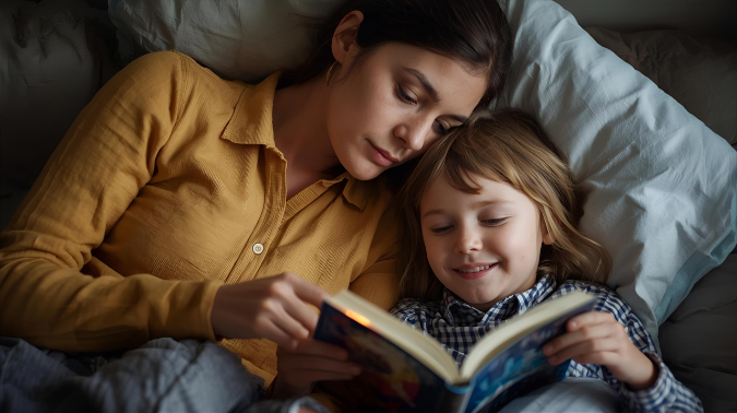 een ouder die rustig een kind instopt of voorleest. Dit benadrukt de rol van rust, structuur en steun in de aanpak