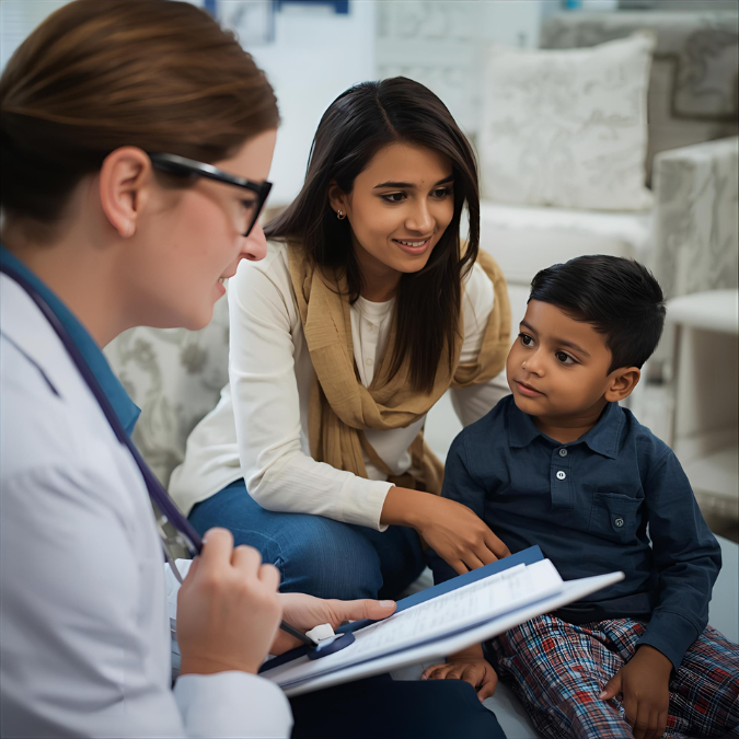Een kinderarts die met ouders en kind in gesprek is