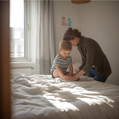 moeder en kind die samen beddengoed opmaken of lachen tijdens het verschonen