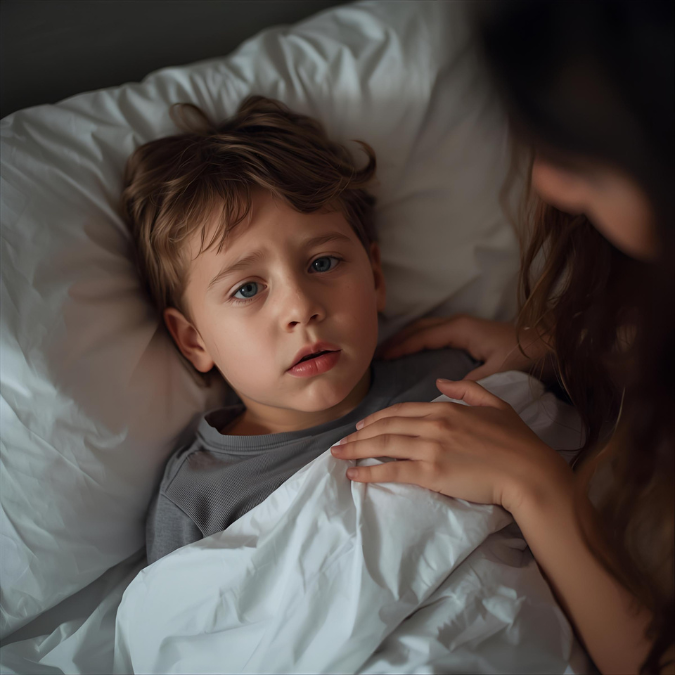 Een kind dat sip kijkt bij nat beddengoed, mét ouder die geruststellend een hand op de schouder legt.