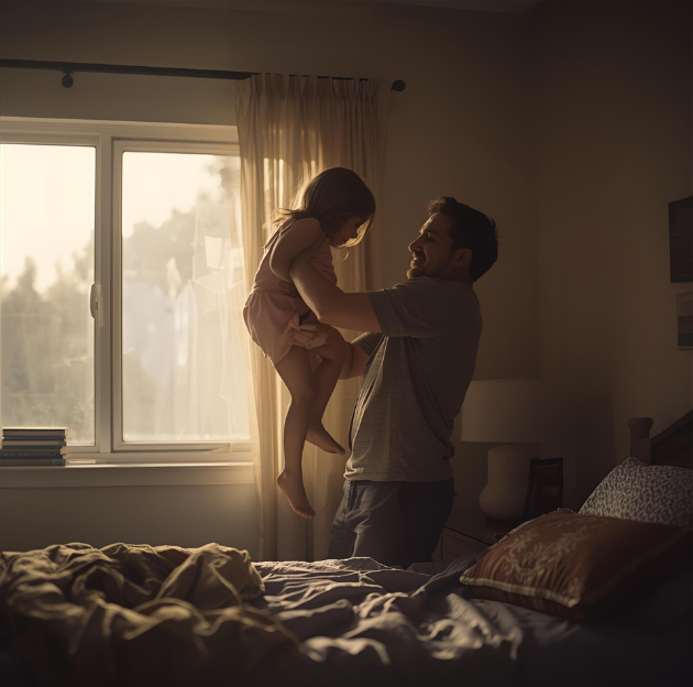 een ouder die een kind voorzichtig uit bed tilt