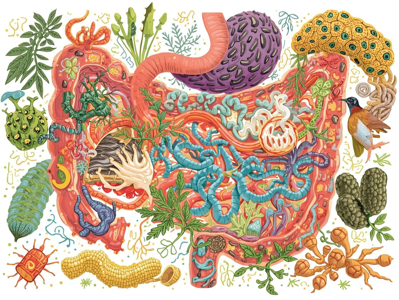 Illustratie van gezonde darmflora met bacteriën en spijsvertering