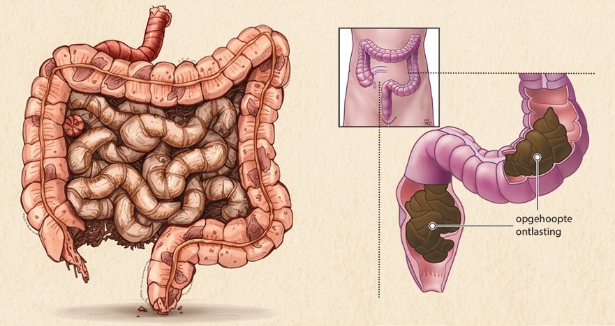 Illustratie van darmen met aanwijzingen voor obstipatie en diarree