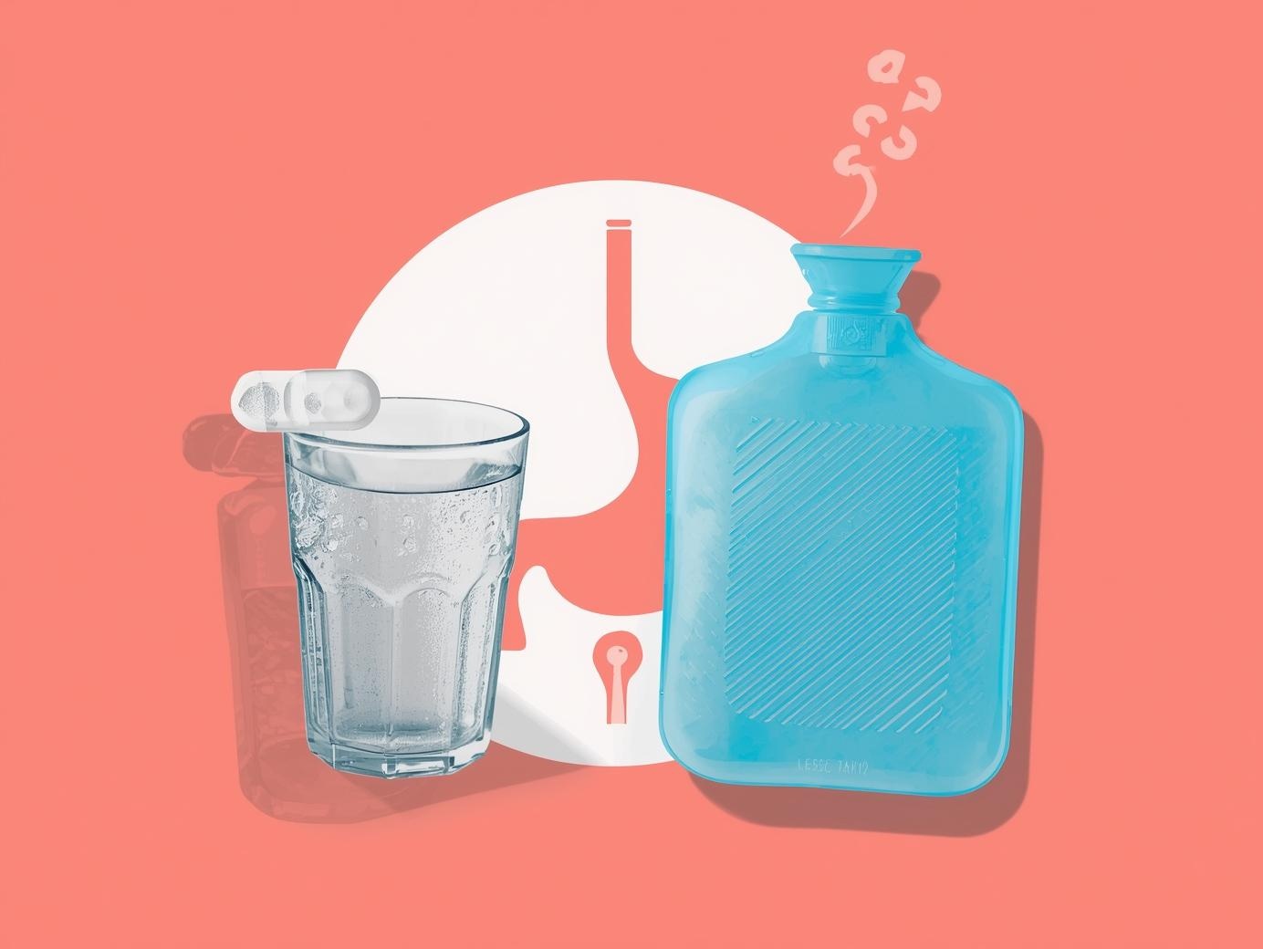 Illustratie van water drinken, medicatie en warmte als behandeling voor urineweginfectie