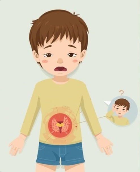 Illustratie van kind met urineweginfectie en aanduiding van blaas en koorts