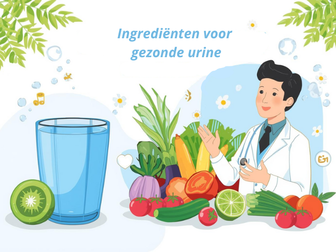 Illustratie van glas water, gezonde voeding en artsadvies als tips tegen stinkende urine.