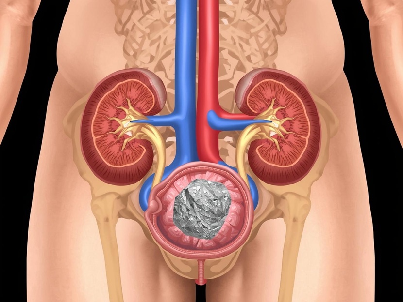 Illustratie van nieren en urinewegen met nierstenen of kristallen die troebele urine kunnen veroorzaken.