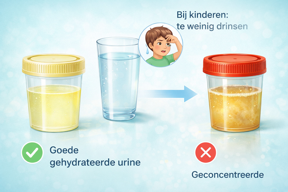 Illustratie van geconcentreerde urine door uitdroging met focus op voldoende drinken bij kinderen