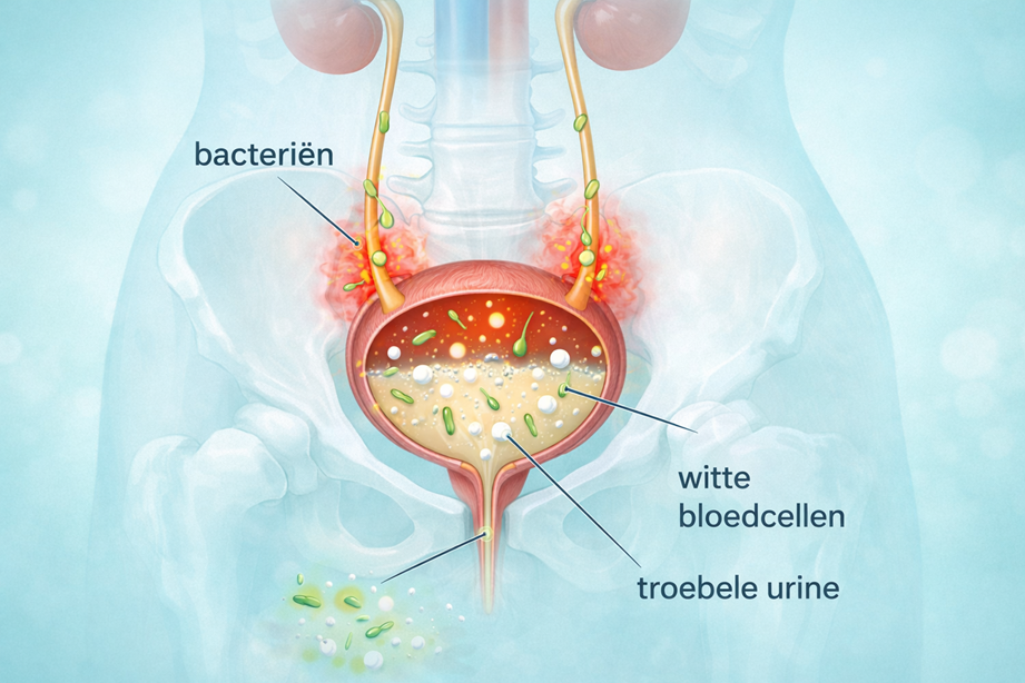 Diagram van blaasontsteking met bacteriën en witte bloedcellen als oorzaak van troebele urine