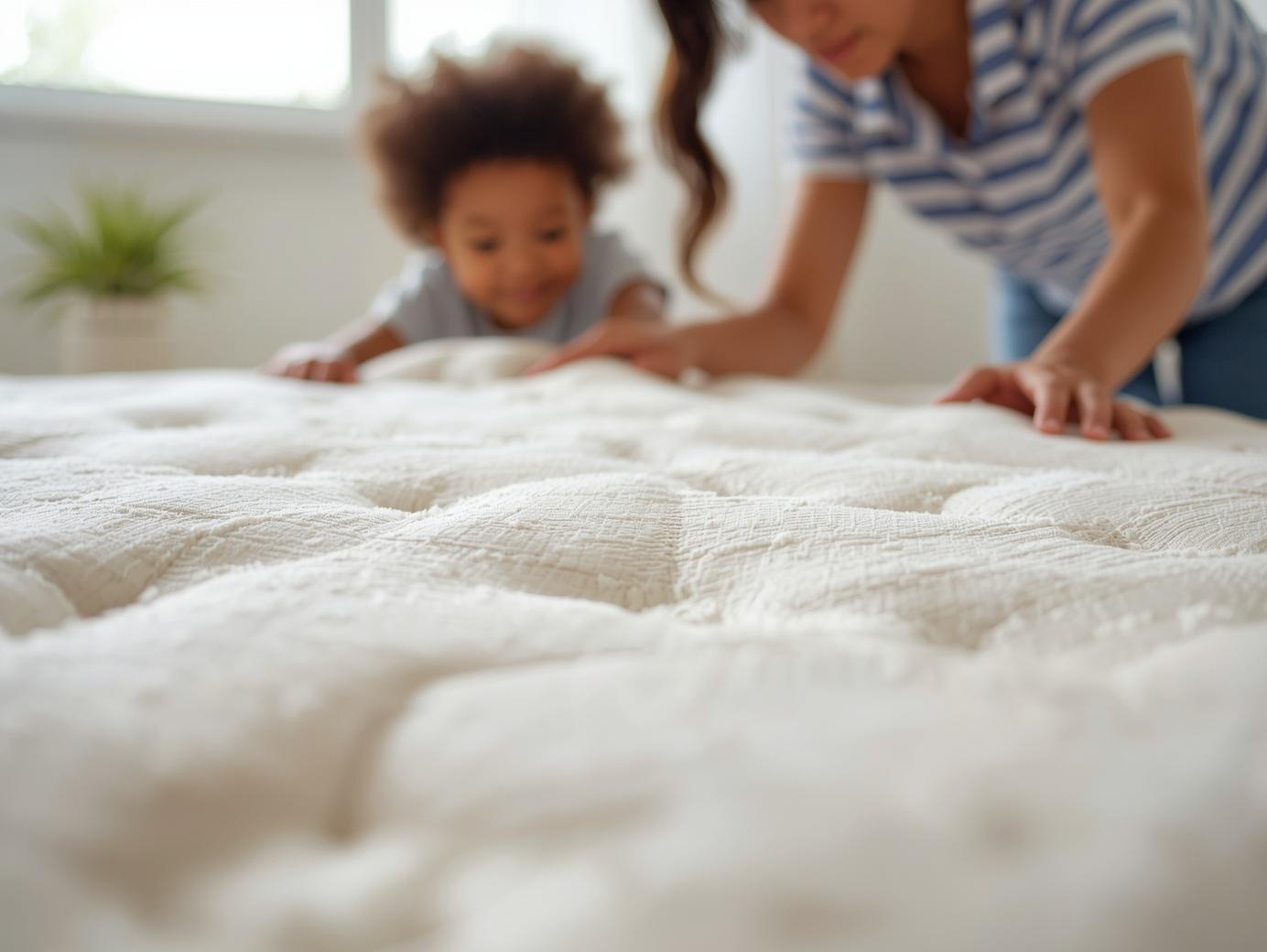 Illustratie van ouder die een matras schoonmaakt na bedplassen bij kinderen met geruststelling en praktische hulpmiddelen