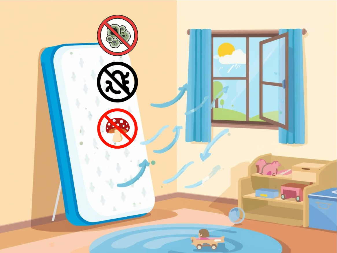 Illustratie van matras luchten en ventileren na bedplassen om urinegeur te verminderen en schimmel te voorkomen