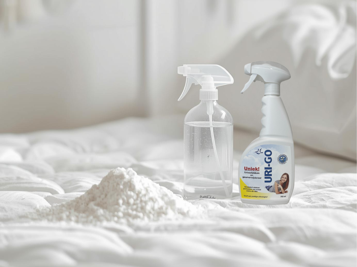 Illustratie van baking soda, azijnoplossing en enzymatische reiniger om urinegeur uit een matras te verwijderen