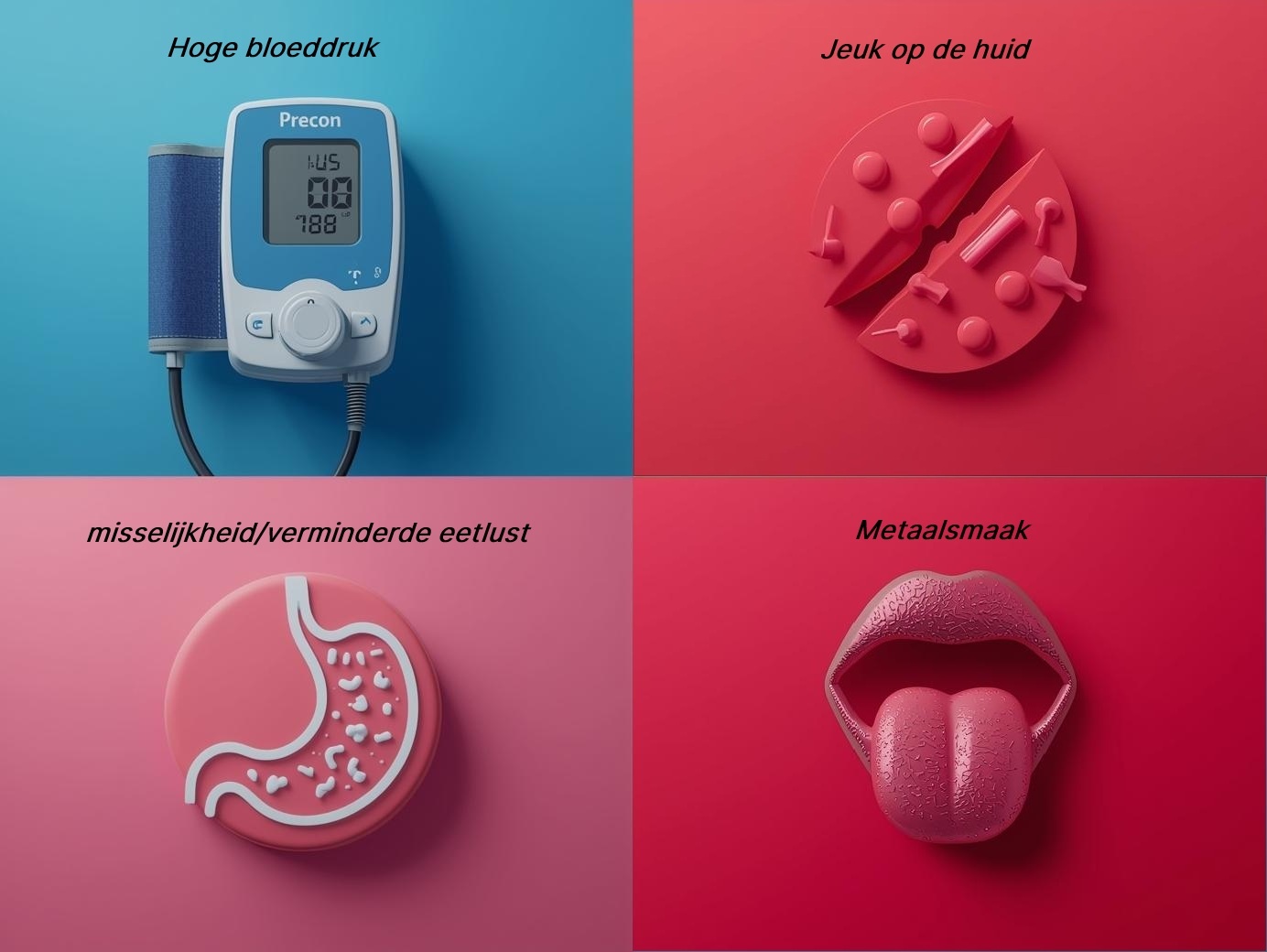 Illustratie van hoge bloeddruk, misselijkheid, jeuk en metaalsmaak als interne symptomen van nierproblemen